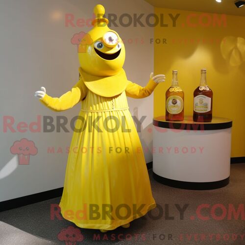Personnage Mascotte Redbrokoly D Une Bouteille De Moutarde Jaune Citron Habillé D Une Robe Taille Empire Et De Montres