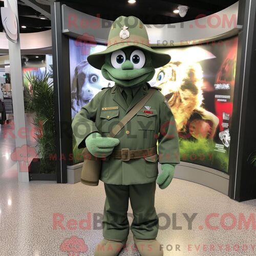 Personnage Mascotte Redbrokoly D Un Béret Vert Argenté Habillé D Une Robe Trapèze Et De Casquettes