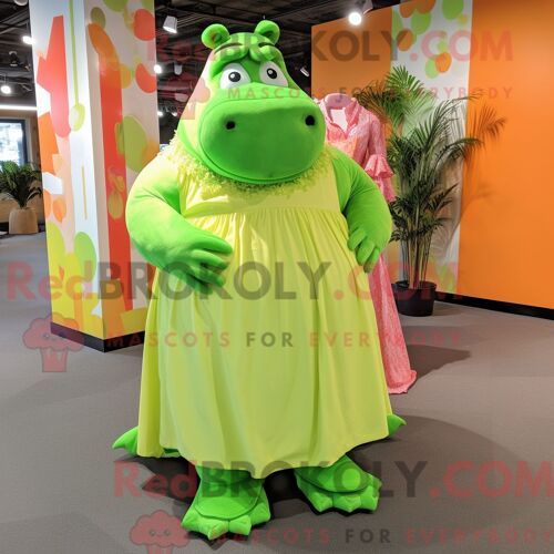 Mascotte Redbrokoly D Hippopotame Vert Citron Personnage Habillé Avec Une Jupe Longue Et Des Lacets De Chaussures