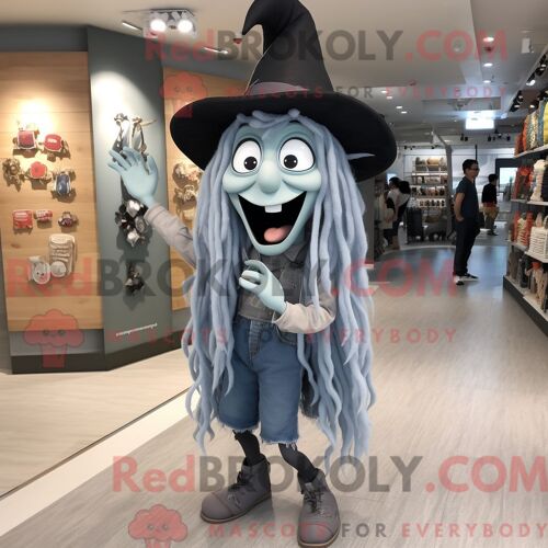 Personnage Mascotte Redbrokoly D Un Chapeau De Sorcière Grise Habillé D Un Short En Jean Et De Pinces À Cheveux