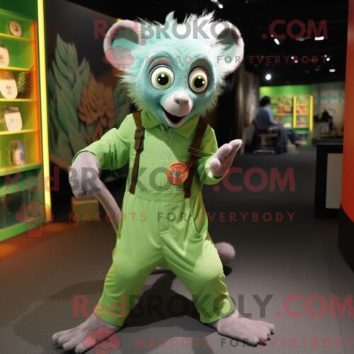 Personnage Mascotte Redbrokoly D Un Aye-Aye Vert Habillé D Une Salopette Et De Bracelets De Cheville