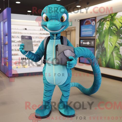 Personnage De Costume De Mascotte Redbrokoly De Serpent Cyan Habillé Avec Une Combinaison Et Des Portefeuilles