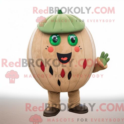 Personnage De Costume De Mascotte Redbrokoly De Pastèque Beige Habillé D Une Combishort Et De Mitaines