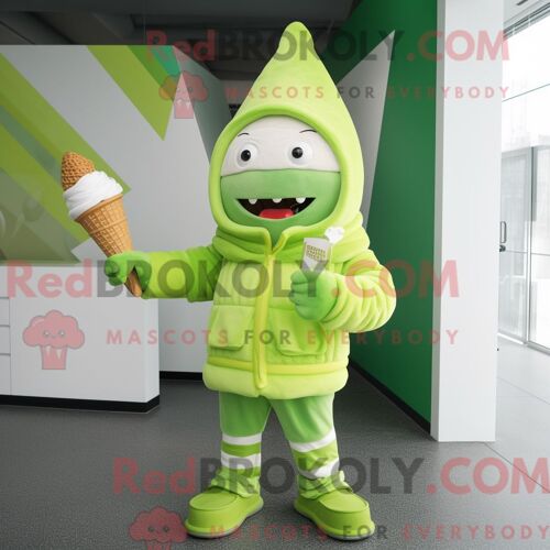Personnage Mascotte Redbrokoly D Un Cornet De Glace Vert Citron Habillé D Un Sweat À Capuche Et De Bérets