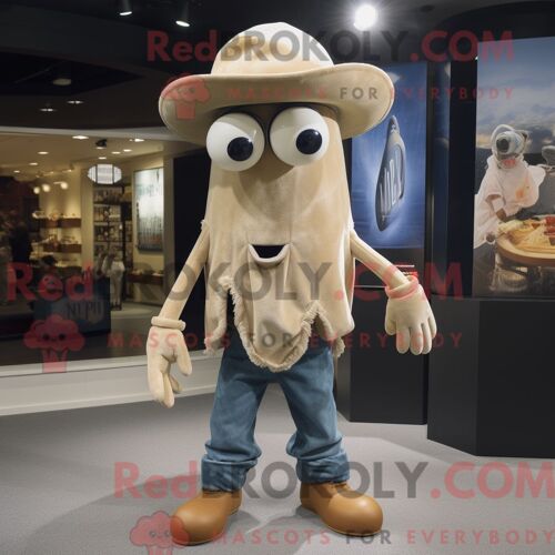 Costume De Mascotte Redbrokoly De Calmar Beige Habillé D Un Short En Jean Et De Chapeaux