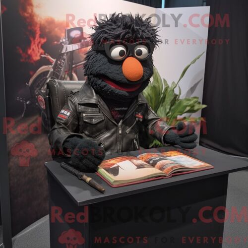 Costume Mascotte Redbrokoly De Jambalaya Noir Personnage Habillé D Une Veste En Cuir Et De Lunettes De Lecture