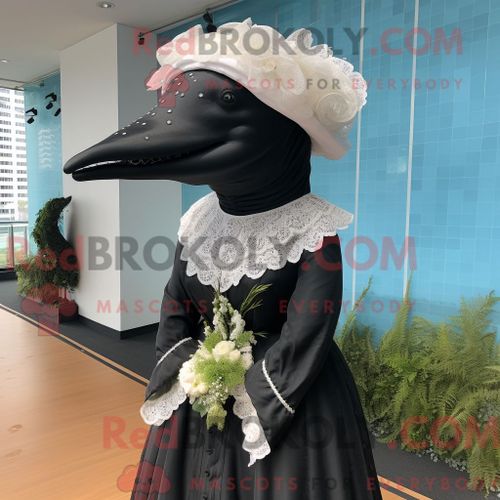 Costume Mascotte Redbrokoly De Baleine À Bosse Noire Personnage Habillé Avec Une Robe De Mariée Et Des Bérets