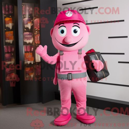 Costume Mascotte Redbrokoly De Bracelet Rose Personnage Habillé Avec Une Combinaison Et Des Portefeuilles