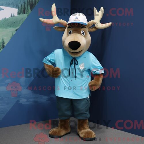 Personnage Mascotte Redbrokoly D Un Élan Cyan Habillé D Une Chemise Oxford Et De Casquettes