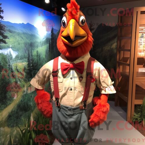 Personnage Mascotte Redbrokoly D Un Poulet Rouge Habillé D Une Chemise Oxford Et De Bretelles