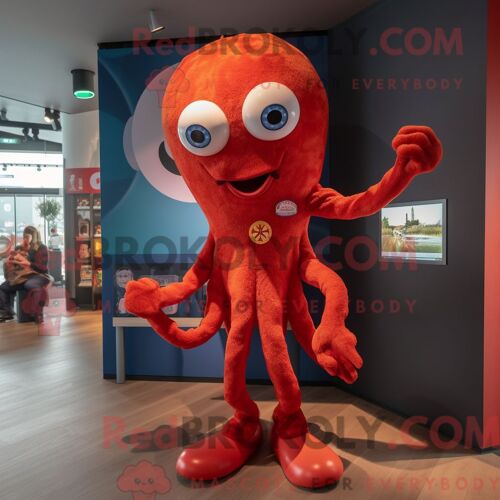 Costume Mascotte Redbrokoly De Poulpe Rouge Habillé D Un Jean Bootcut Et D Épingles À Cheveux
