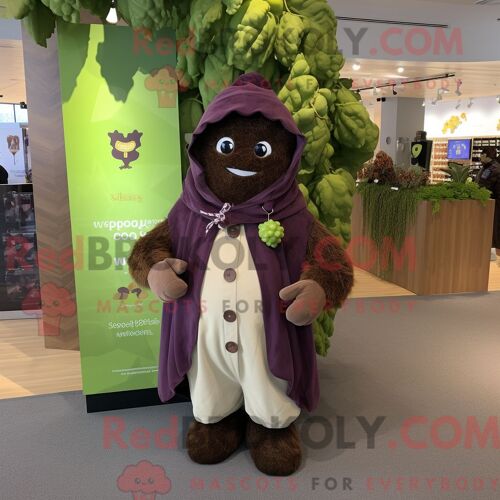 Personnage De Costume De Mascotte Redbrokoly De Raisin Marron Habillé Avec Une Veste Et Des Écharpes