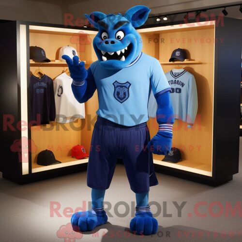 Personnage Mascotte Redbrokoly D Un Démon Bleu Habillé D Un T-Shirt Polo Et De Pinces À Chaussures