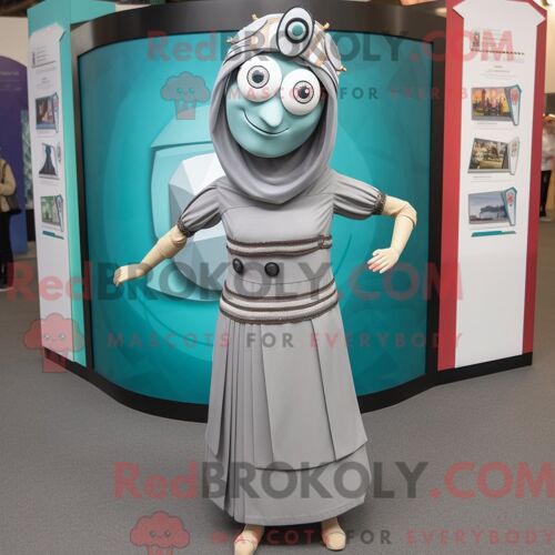 Personnage Mascotte Redbrokoly D Un Gyro Gris Habillé D Une Robe Fourreau Et De Bracelets