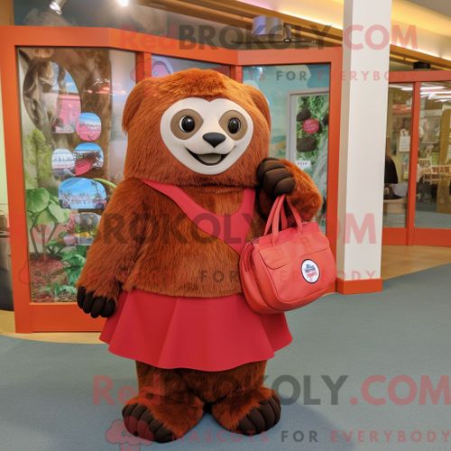 Personnage Mascotte Redbrokoly D Un Paresseux Géant Rouge Habillé D Une Jupe Trapèze Et De Sacs Fourre-Tout