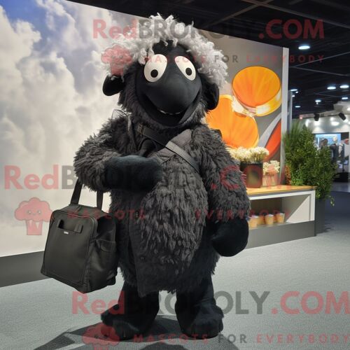 Costume De Mascotte Redbrokoly De Mouton Mérinos Noir Personnage Habillé D Un Costume Et De Sacs Messager