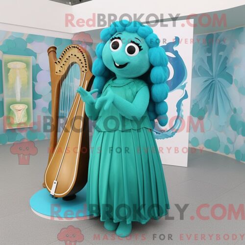 Costume De Mascotte Redbrokoly De Harpe Celtique Cyan Habillé D Une Jupe Portefeuille Et De Pinces À Chaussures