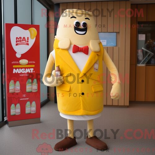 Personnage De Costume De Mascotte Redbrokoly De Bouteille De Moutarde Crème Habillé D Une Veste Et De Pochettes De Costume