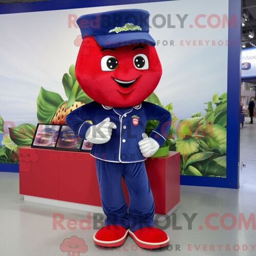 Personnage De Costume De Mascotte Redbrokoly De Fraise Marine Habillé Avec Un Jean Bootcut Et Des Portefeuilles