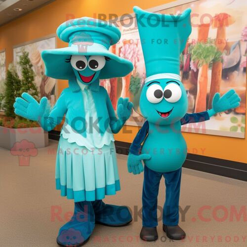 Personnage Mascotte Redbrokoly D Un Langoustine Aux Crevettes Bleu Sarcelle Habillé D Une Jupe Crayon Et De Chapeaux