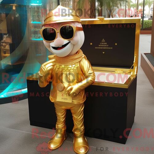 Personnage Mascotte Redbrokoly D Un Coffre Au Trésor En Or Habillé D Un Rash Guard Et De Lunettes De Lecture
