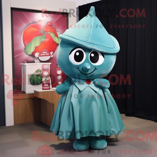 Personnage Mascotte Redbrokoly D Une Cerise Bleu Sarcelle Habillée D Une Jupe Portefeuille Et De Pochettes De Costume