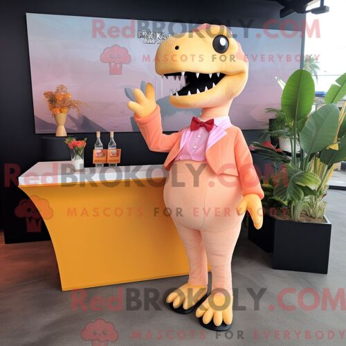 Costume De Mascotte Redbrokoly De Tyrannosaure Pêche Personnage Habillé Avec Une Robe De Cocktail Et Des Portefeuilles