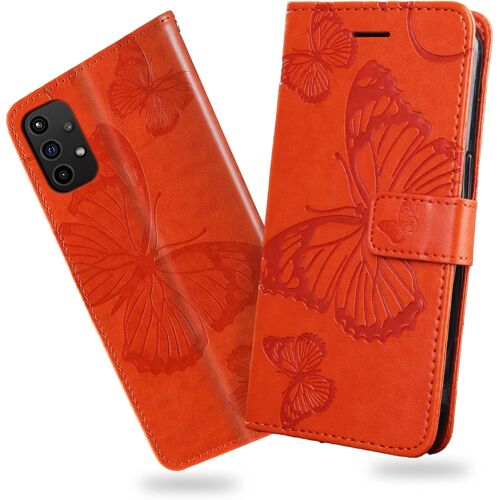 KAL-Coque Pour Galaxy A32 4G, Papillon Imprimé Housse En Cuir Pu Magnétique Portefeuille, Étui À Rabat Pour Samsung Galaxy A32 4G, Orange