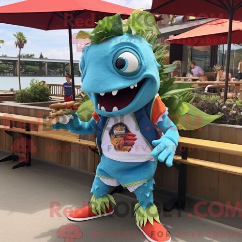 Personnage Mascotte Redbrokoly D Un Ceviche Turquoise Habillé D Un Bermuda Et De Pinces À Chaussures
