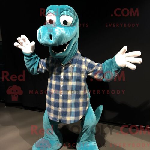 Costume De Mascotte Redbrokoly De Monstre Du Loch Ness Cyan Habillé D Une Chemise Boutonnée Et De Mitaines