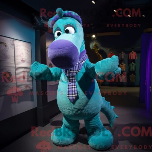 Costume De Mascotte Redbrokoly De Monstre Du Loch Ness Cyan Habillé D Une Chemise Boutonnée Et De Mitaines