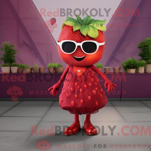 Personnage Mascotte Redbrokoly D Une Fraise Marron Habillée D Une Robe Et De Lunettes De Soleil