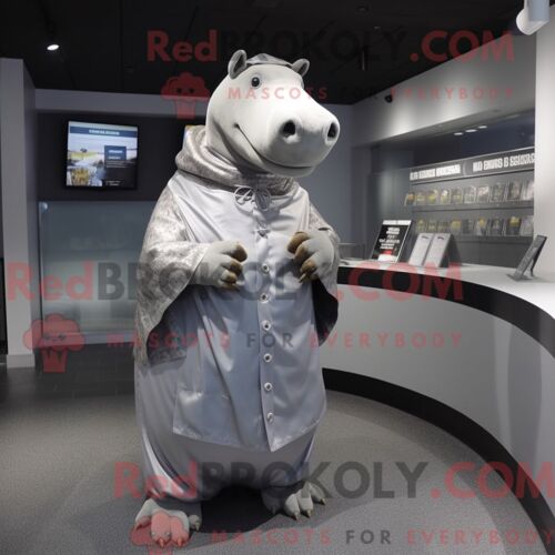 Costume De Mascotte Redbrokoly D Hippopotame Argenté Habillé D Une Pochette Et D Une Pochette