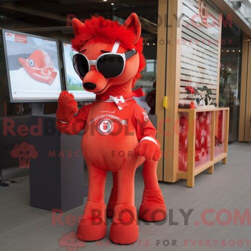 Costume Mascotte Redbrokoly De Mare Rouge Habillé D Une Combishort Et De Lunettes De Soleil