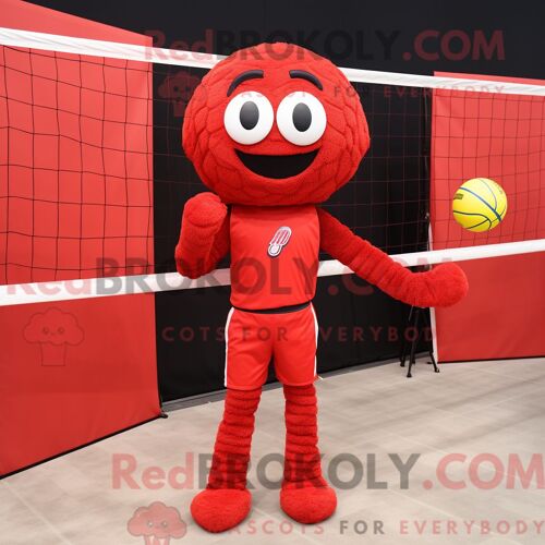 Personnage De Costume De Mascotte Redbrokoly De Filet De Volley-Ball Rouge Habillé D Un Costume Et D Une Écharpe