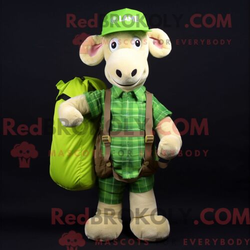 Personnage De Costume De Mascotte Redbrokoly De Bélier Vert Citron Habillé D Une Chemise En Flanelle Et De Sacs Messager