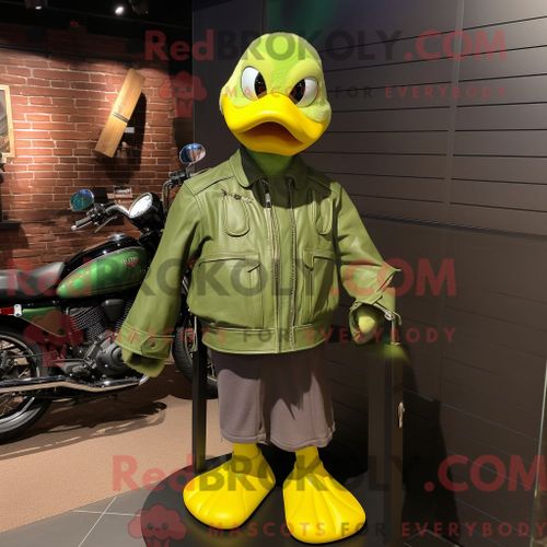 Personnage De Costume De Mascotte Redbrokoly De Canard Vert Citron Habillé Avec Une Veste De Moto Et Des Sacs Fourre-Tout