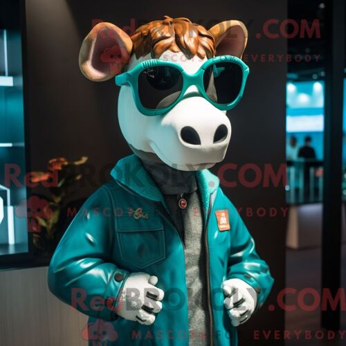 Costume De Mascotte Redbrokoly De Vache De Guernesey Bleu Sarcelle Habillé Avec Un Blouson Aviateur Et Des Lunettes De Soleil