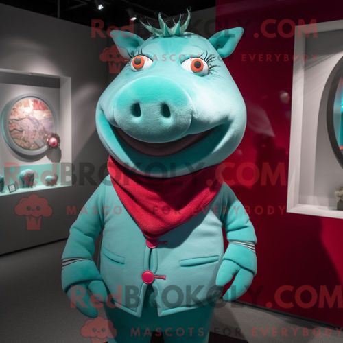 Costume Mascotte Redbrokoly De Cochon Turquoise Habillé D Un Col Roulé Et De Cravates