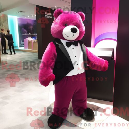 Costume De Mascotte Redbrokoly D Ours Magenta Habillé D Un Smoking Et De Pochettes