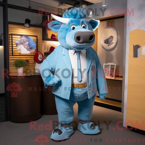 Personnage Mascotte Redbrokoly D Un Bison Bleu Ciel Habillé D Un Blazer Et De Porte-Monnaie