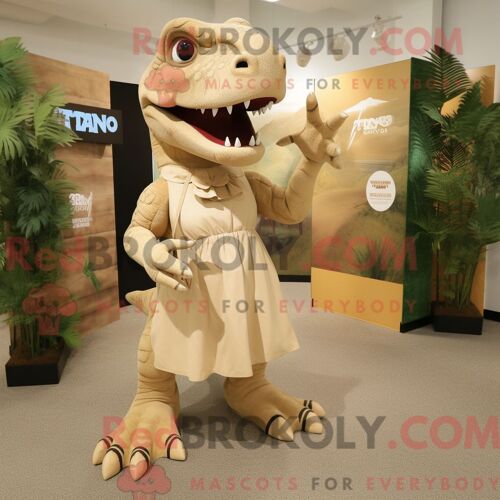 Personnage De Costume De Mascotte Redbrokoly De Tyrannosaure Beige Habillé D Une Jupe Longue Et De Sacs Fourre-Tout