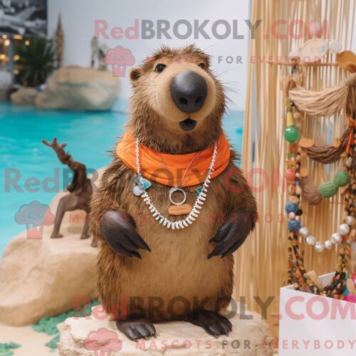 Costume Mascotte Redbrokoly De Capybara Marron Personnage Habillé Avec Un Maillot De Bain Et Des Colliers