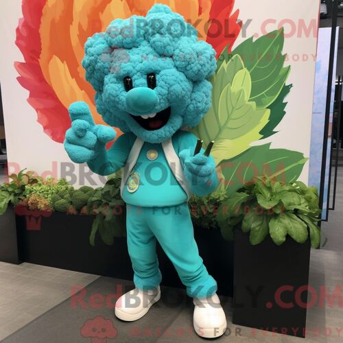 Personnage Mascotte Redbrokoly De Chou-Fleur Turquoise Habillé D Un Pantalon Cargo Et De Pochettes De Costume