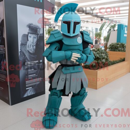Costume De Mascotte Redbrokoly De Soldat Spartiate Bleu Sarcelle Habillé Avec Une Robe Midi Et Des Colliers