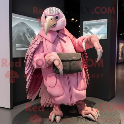 Costume Mascotte Redbrokoly De Vautour Rose Habillé D Un Manteau Et De Portefeuilles