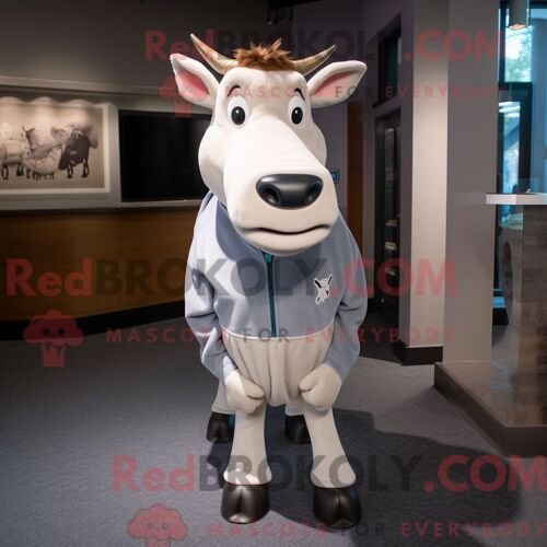Costume De Mascotte Redbrokoly De Vache En Jersey Gris Personnage Habillé Avec Un Sweat-Shirt Et Des Cravates
