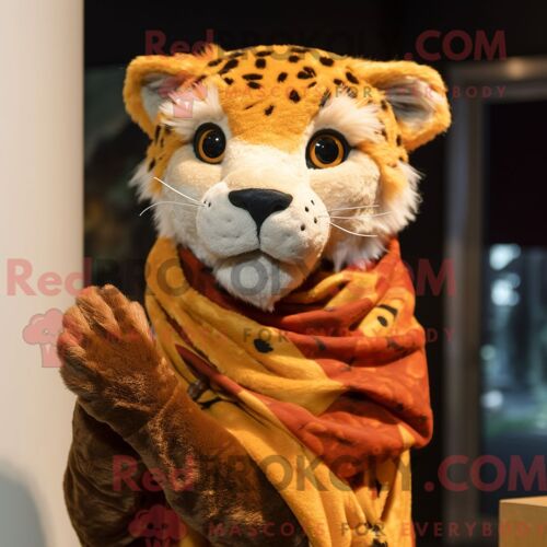 Personnage De Costume De Mascotte Redbrokoly De Guépard Rouille Habillé D Un Manteau Et De Clips D Écharpe