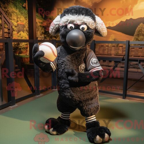 Costume De Mascotte Redbrokoly De Bélier Noir Habillé D Un T-Shirt De Baseball Et De Cravates