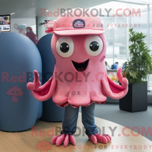 Personnage Mascotte Redbrokoly D Une Pieuvre Rose Habillée D Un Jean Skinny Et De Bérets